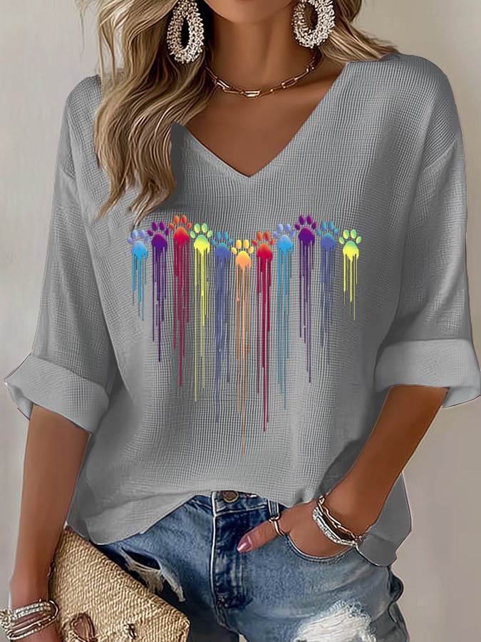 Women's Colorful Dog Heart Paw Print Casual Waffle T-Shirt