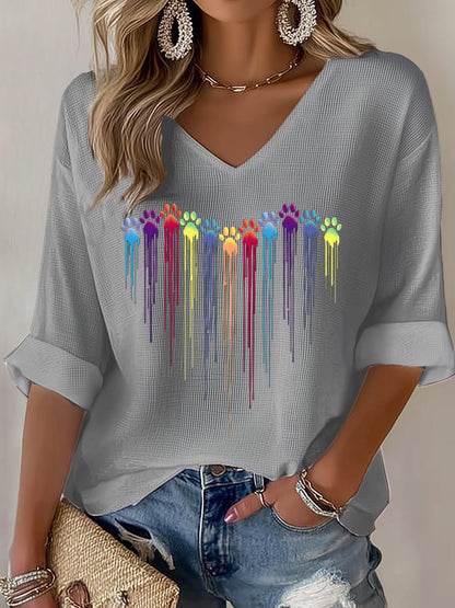 Women's Colorful Dog Heart Paw Print Casual Waffle T-Shirt
