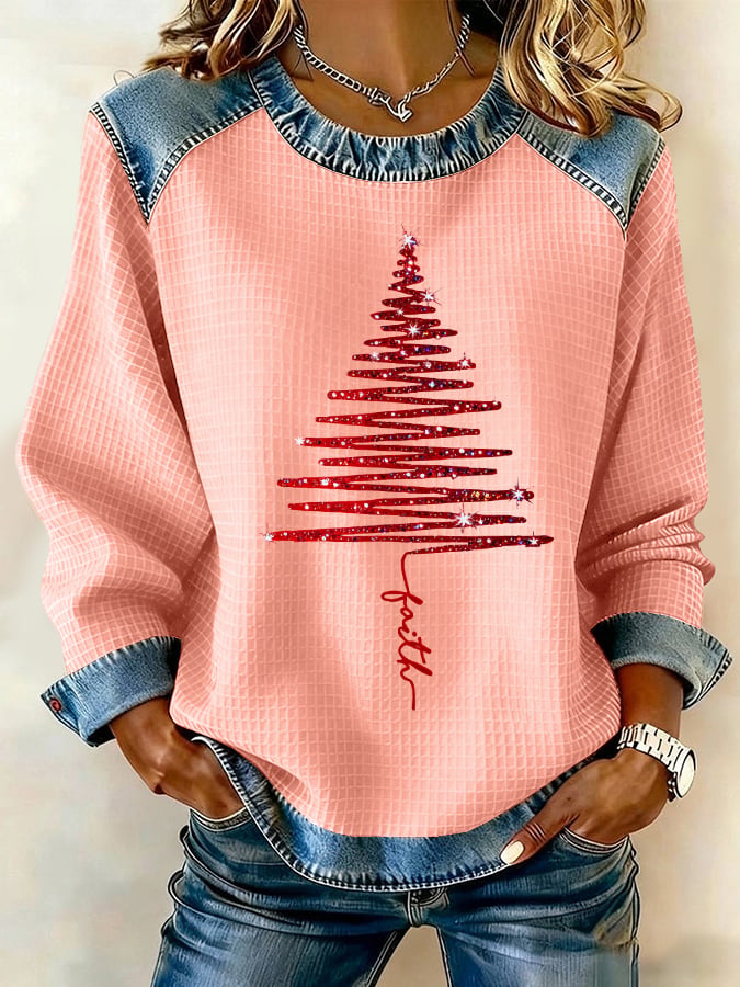 Women's Christmas Waffle Crew Neck Casual Sweatshirt