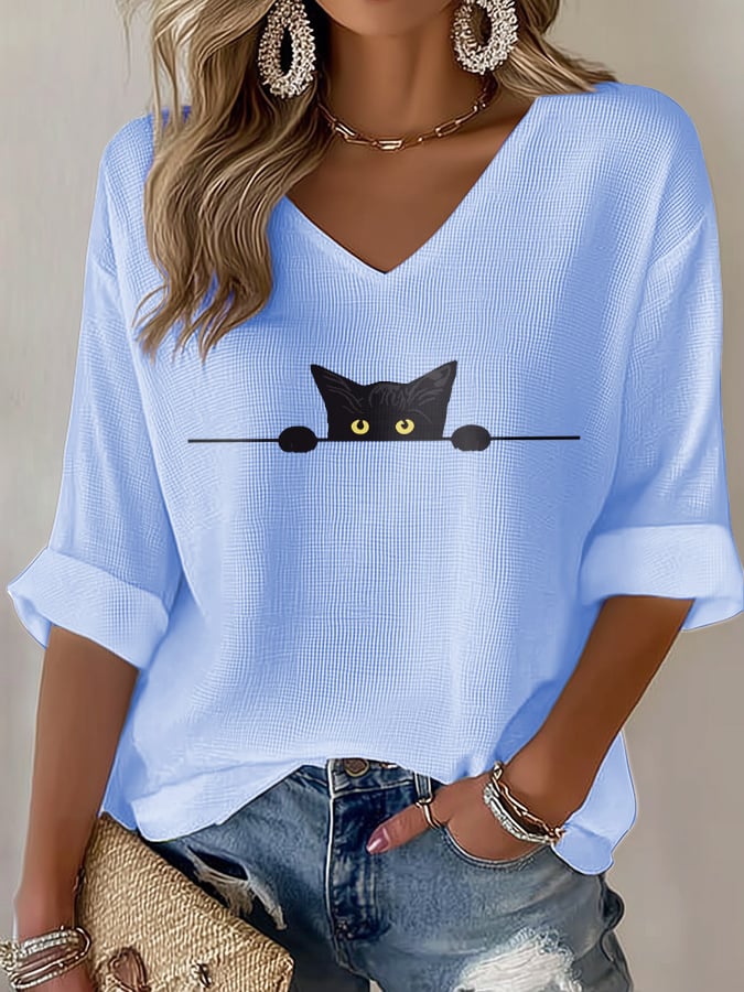 🐾Buy 3 Save 10%🐱Women's Cat Print Waffle T-shirt💛100% For Shelter Pets🐱🐶