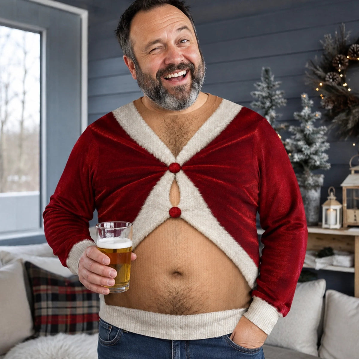 Custom Skin Tone Santa Beer Belly Ugly Christmas Sweater – Too Much Holiday Cheer Funny Sweatshirt