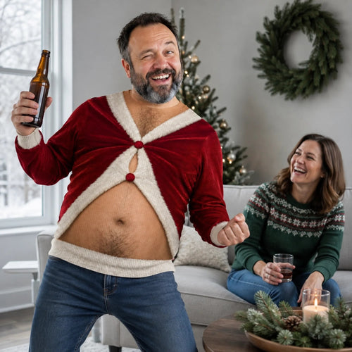 Custom Skin Tone Santa Beer Belly Ugly Christmas Sweater – Too Much Holiday Cheer Funny Sweatshirt