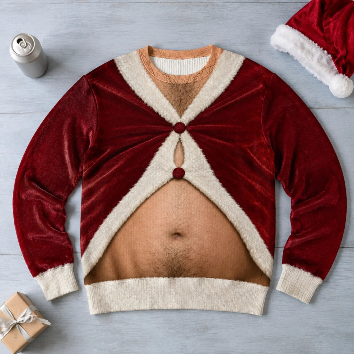 Custom Skin Tone Santa Beer Belly Ugly Christmas Sweater – Too Much Holiday Cheer Funny Sweatshirt