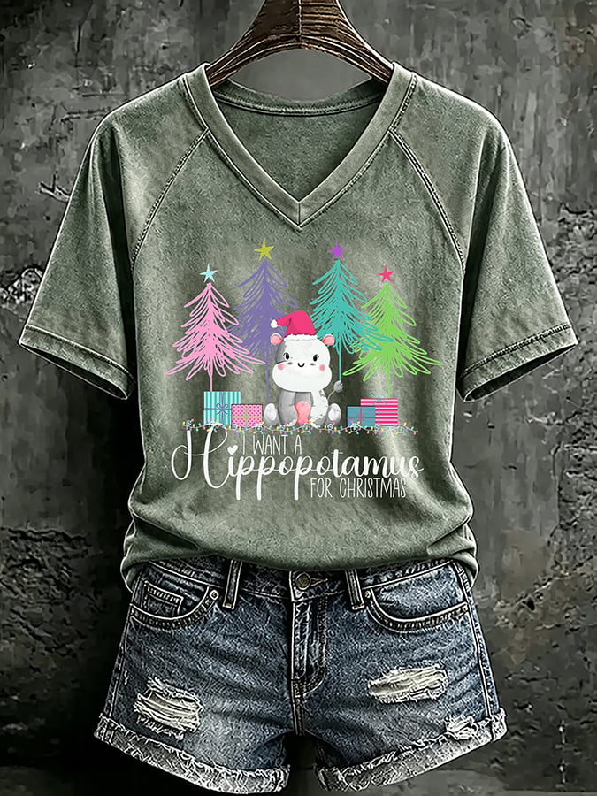 V Neck Retro I Want A Hippopotamus For Christmas Print T-Shirt