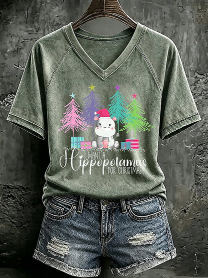 V Neck Retro I Want A Hippopotamus For Christmas Print T-Shirt