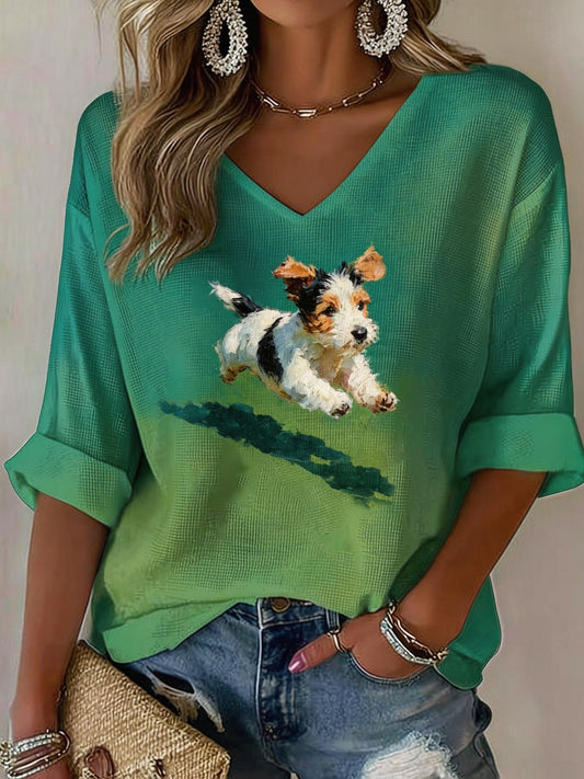 Women's Cute Dog Print V-Neck Top