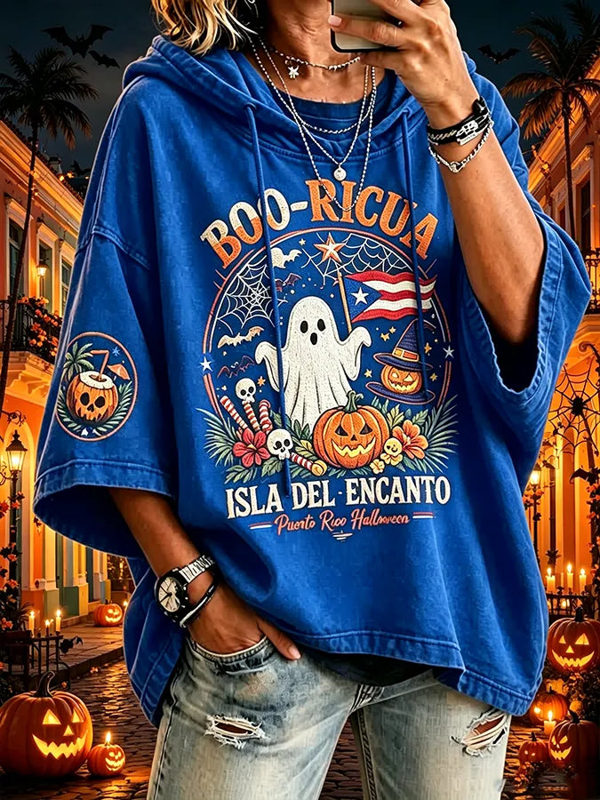 Women's Puerto Rico Halloween Print Graphic Waffle-Knit Casual T-Shirt
