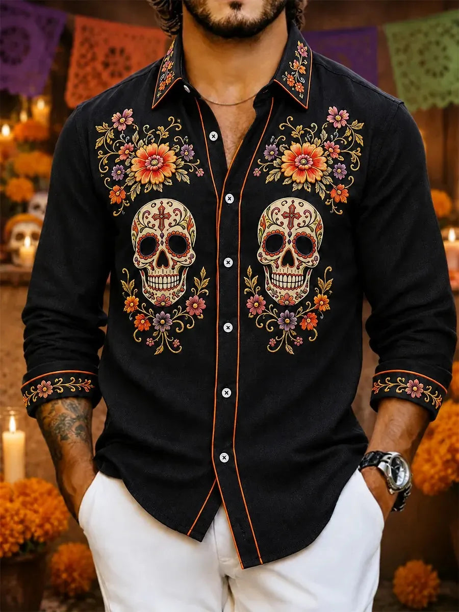 Men's Day Of The Dead Symmetrical Painted Skulls Floral Print Shirt