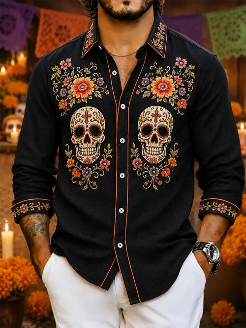 Men's Day Of The Dead Symmetrical Painted Skulls Floral Print Shirt