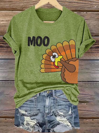Women'S Thanksgiving Turkey Moo Print T-Shirt
