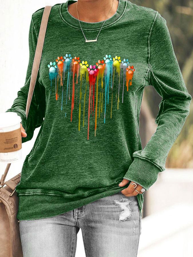 Women's Colorful Love Heart Dog Paw Print Sweatshirt