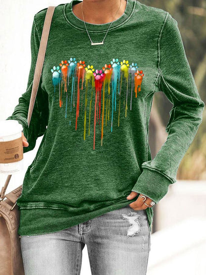 Women's Colorful Love Heart Dog Paw Print Sweatshirt