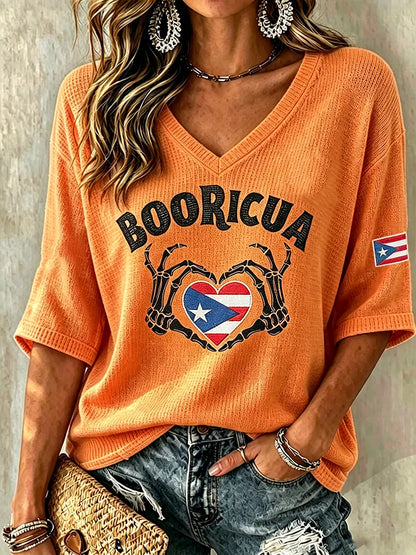 🎃Women's Halloween In Puerto Rico Print Waffle-Knit Top