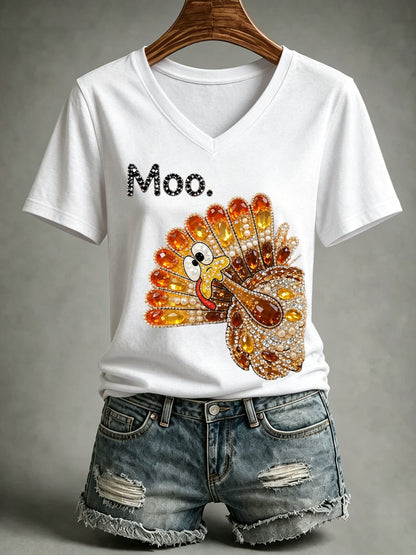 Women's Retro Thanksgiving Turkey Moo! Print T-Shirt