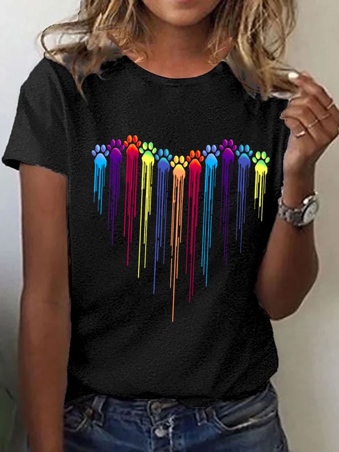 Women's Dog Paw Heart Print Casual T-Shirt