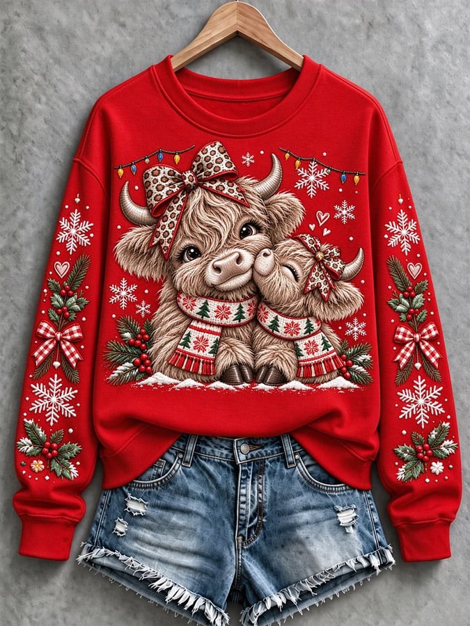 Women's Christmas Highland Cow Print Top