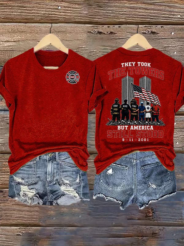 Women's BUT AMERICA STILL STOOD Print Crew-Neck T-Shirt