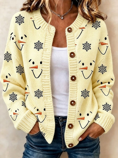 Women's Casual Snowman-Print Knit Cardigan