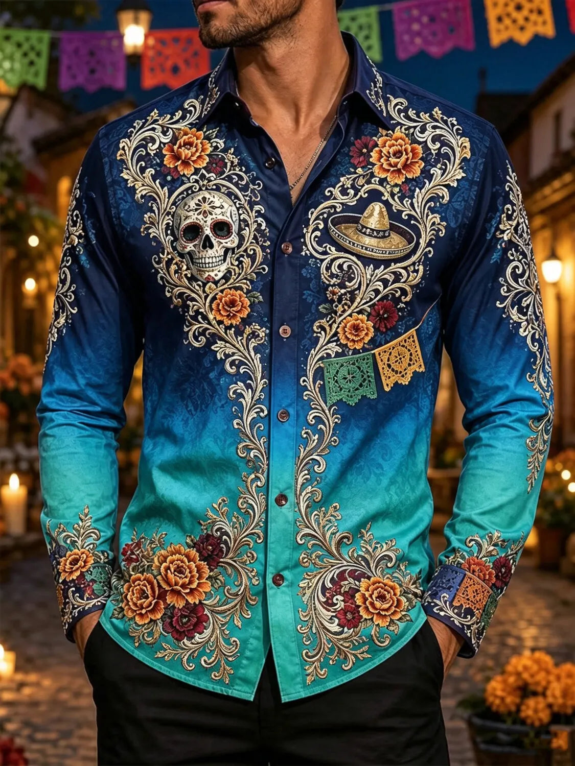 Men's Mexican Day of the Dead Gradient Sugar Skull Sombrero Floral Print Long Sleeve Shirt