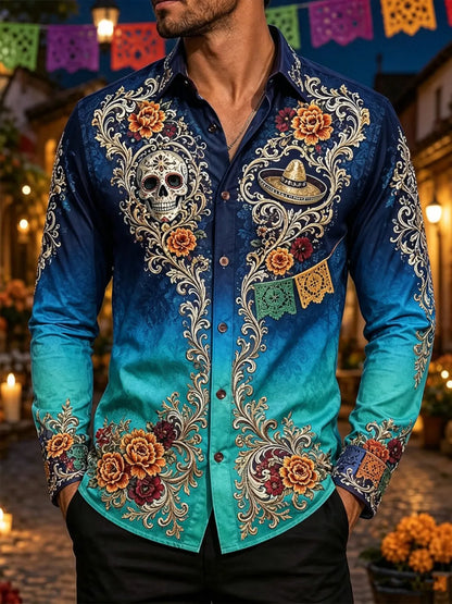 Men's Mexican Day of the Dead Gradient Sugar Skull Sombrero Floral Print Long Sleeve Shirt