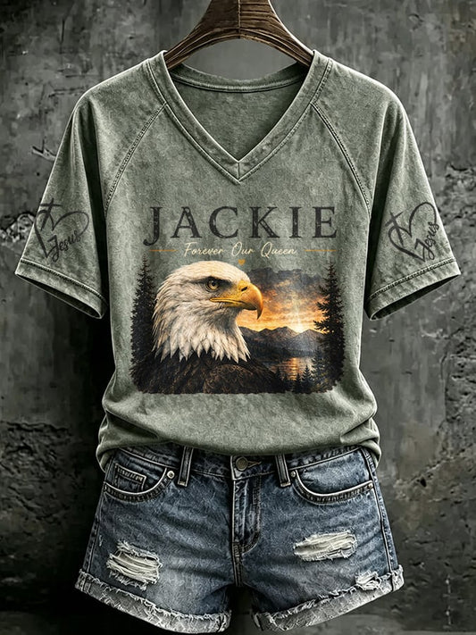 V Neck Retro Jackie Forever Our Queen Print T-Shirt