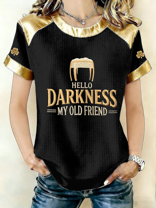 Women's Hello Darkness My Old Friend Patchwork Print Waffle T-Shirt