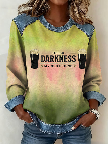 Women's Hello Darkness My Old Friend Denim Patchwork Top