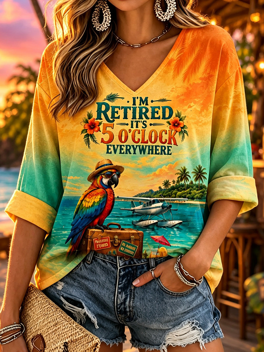 Women's I'm Retired It's 5 O'clock Everywhere Parrot Print Casual V-Neck Tee