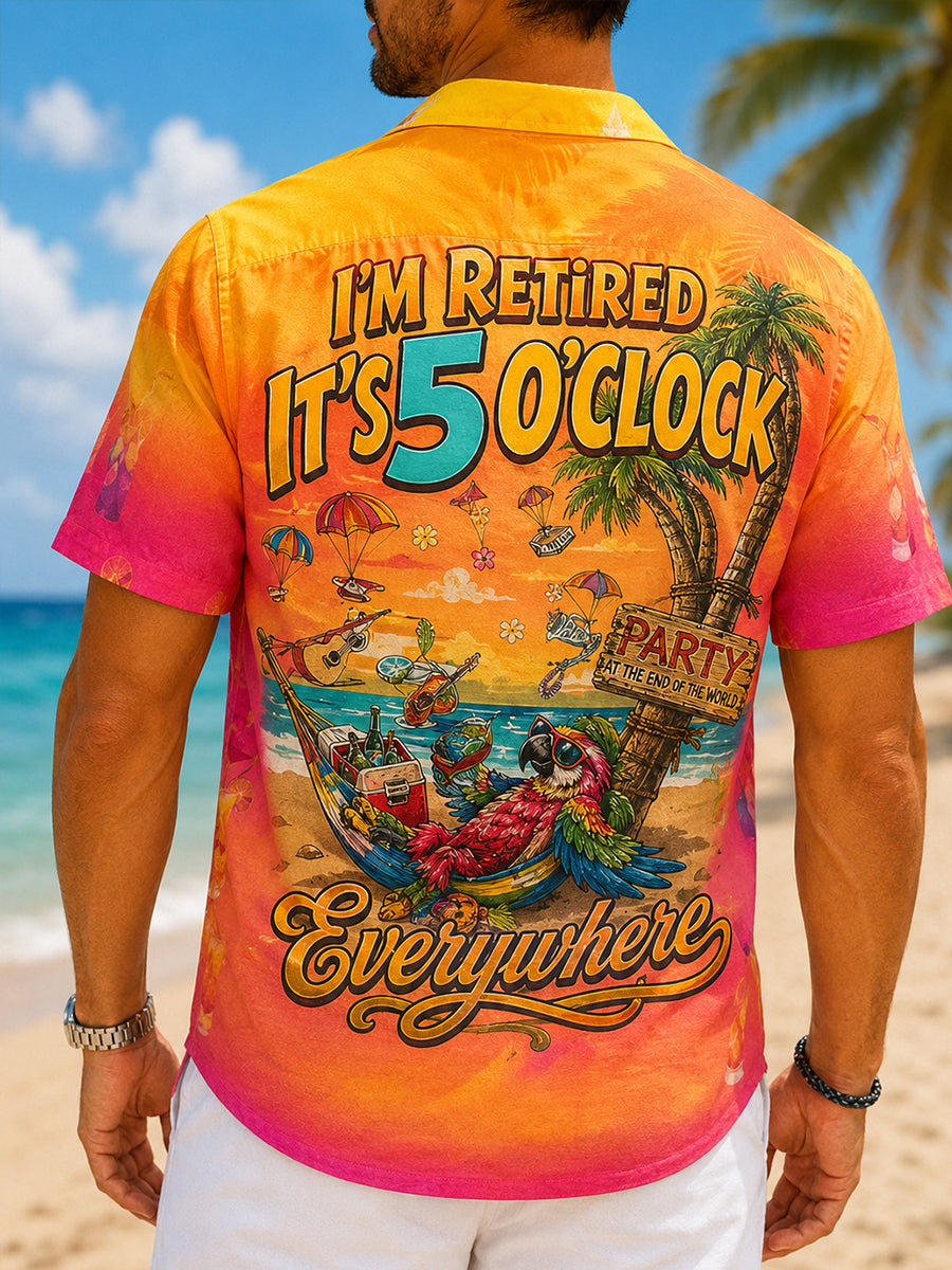 Men's I'm Retired It's 5 O'clock Everywhere Parrot Print Casual  Short Sleeve Shirt