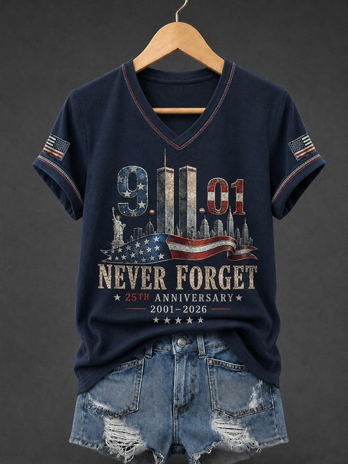 Women's 9.11 Never Forget Printed V-neck T-shirt