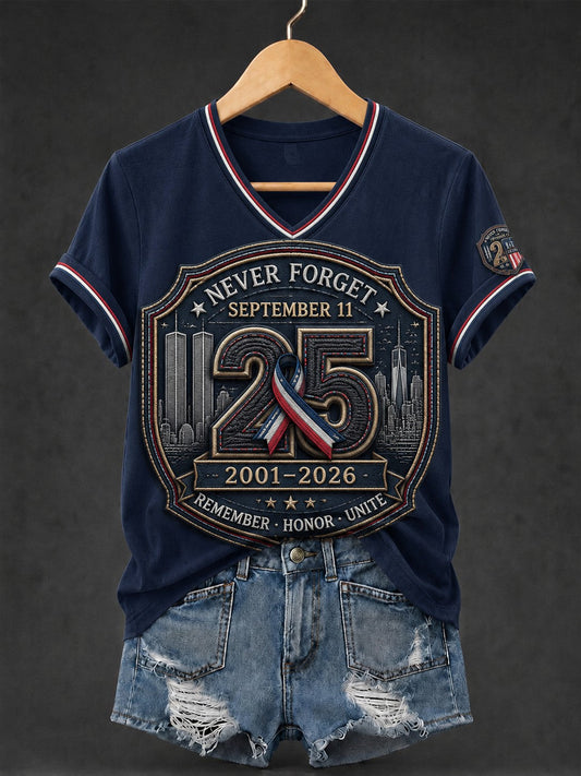 Women's 9.11 Never Forget Printed V-neck T-shirt