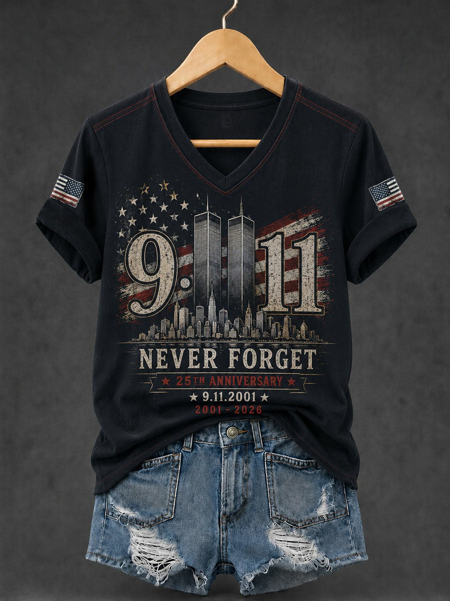 Women's 9.11 Never Forget Printed V-neck T-shirt