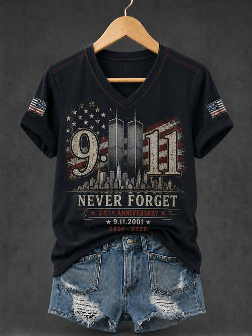 Women's 9.11 Never Forget Printed V-neck T-shirt