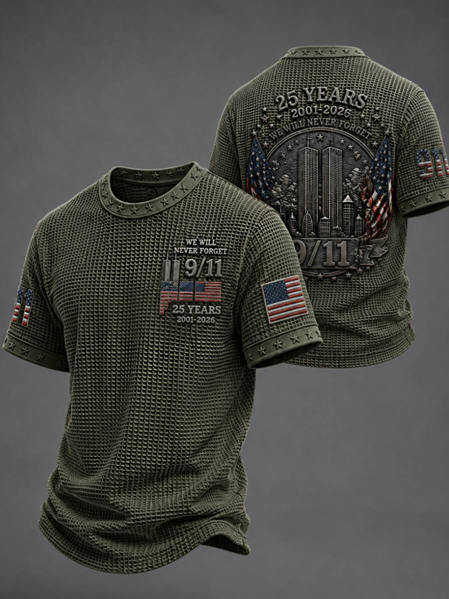 Men's WE WILL NEVER FORGET 9/11 25 YEARS 2001-2026 Waffle  Tee