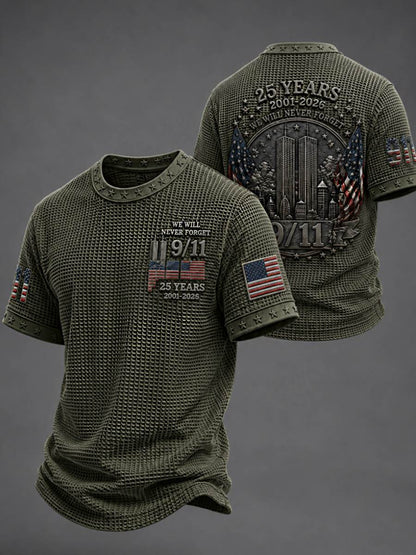 Men's WE WILL NEVER FORGET 9/11 25 YEARS 2001-2026 Waffle  Tee