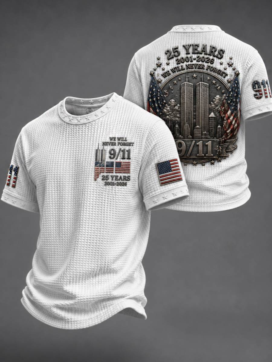Men's WE WILL NEVER FORGET 9/11 25 YEARS 2001-2026 Waffle  Tee