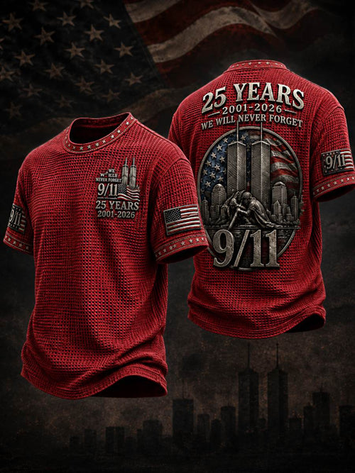 Men's WE WILL NEVER FORGET 9/11 25 YEARS 2001-2026 Waffle  Tee