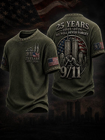 Men's WE WILL NEVER FORGET 9/11 25 YEARS 2001-2026 Waffle  Tee