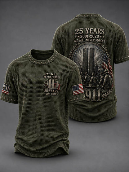 Men's WE WILL NEVER FORGET 9/11 25 YEARS 2001-2026 Waffle  Tee
