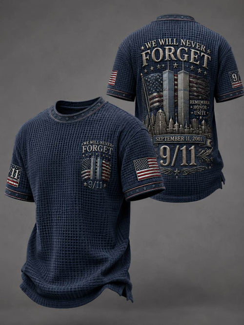Men's WE WILL NEVER FORGET 9/11 25 YEARS 2001-2026 Waffle  Tee