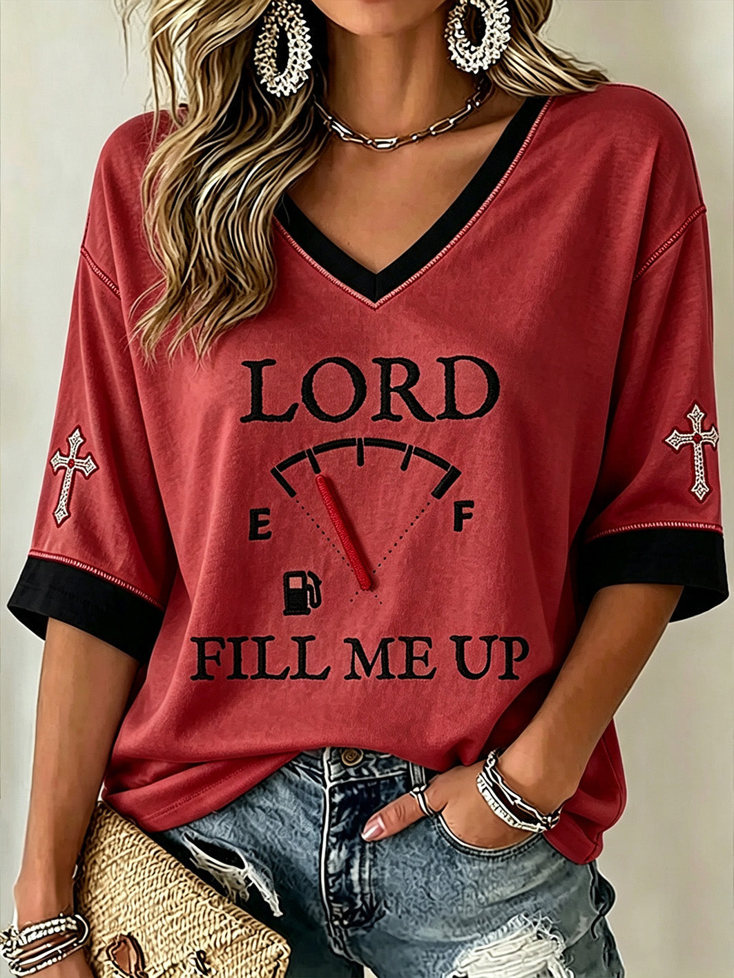 Women's Faith Theme Print Pattern Printed Casual Mid-length Sleeves V-Neck T-Shirt
