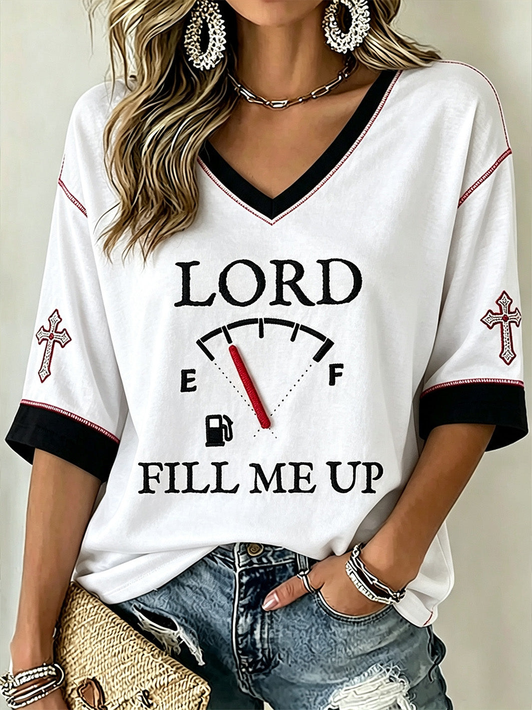 Women's Faith Theme Print Pattern Printed Casual Mid-length Sleeves V-Neck T-Shirt