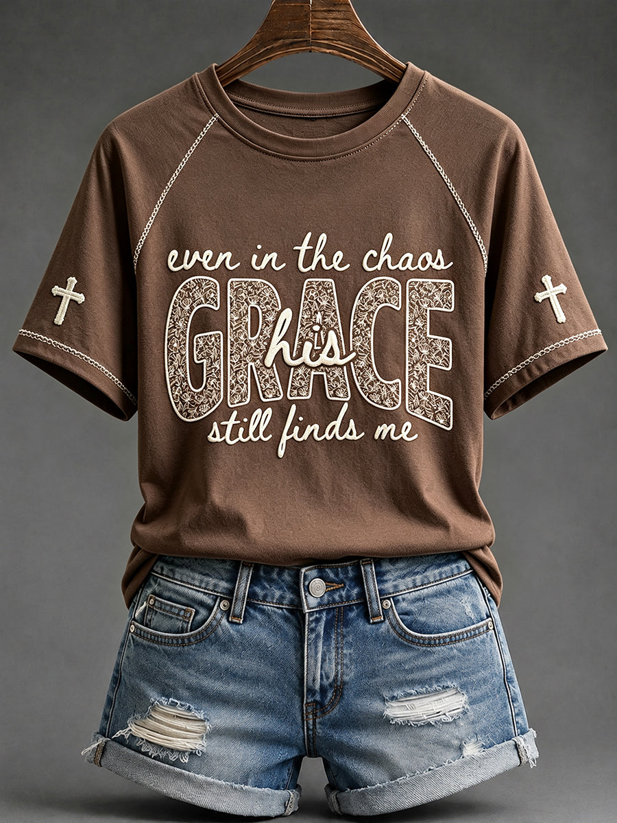 Women's His Grace Still Finds Me Christian Faith Floral Print Round Neck Short Sleeve T-shirt