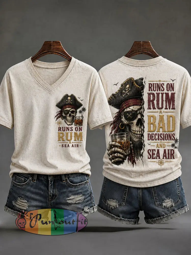 Women's 'Runs On Rum, Bad Decisions, And Sea Air' V-Neck T-Shirts