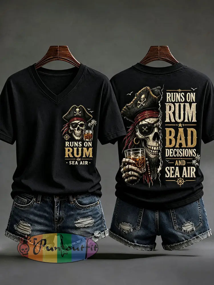 Women's 'Runs On Rum, Bad Decisions, And Sea Air' V-Neck T-Shirts