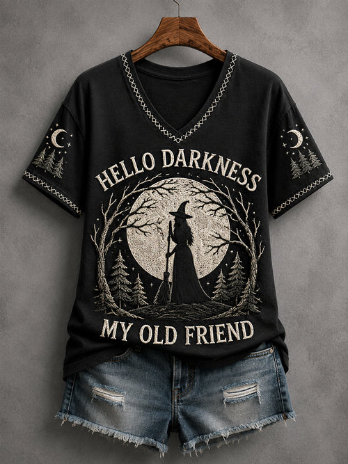 Women's Funny Halloween Hello Darkness My Old Friend Witch Print Casual V-Neck Tee