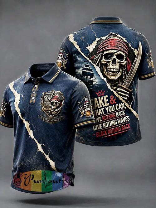 Men’s Dark Blue Pirate-Themed Print Casual Polo Shirt