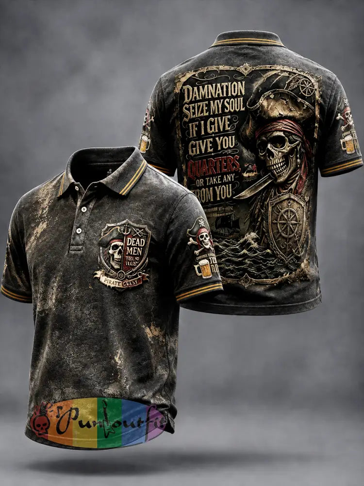Men’s Retro Pirate Slogan-Printed Casual Polo Shirt