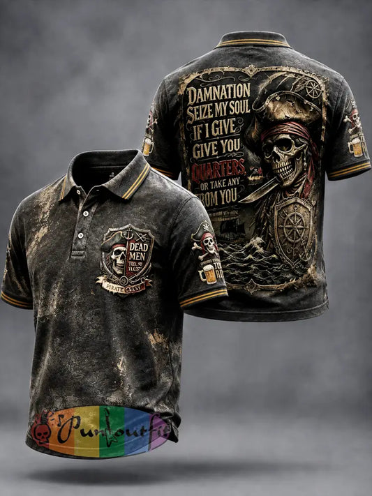 Men’s Retro Pirate Slogan-Printed Casual Polo Shirt