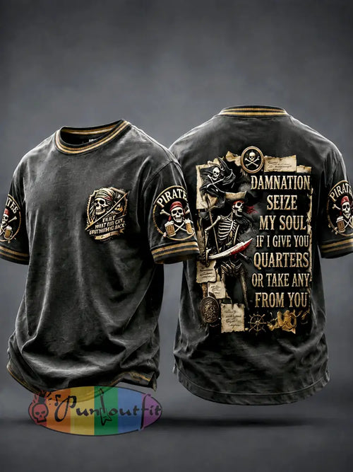 Men’s Black Vintage Pirate-Print Casual T-shirt